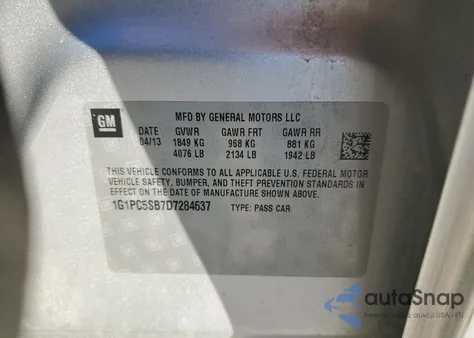 2013 Chevrolet Cruze Lt из США, поврежденный, VIN 1G1PC5SB7D7284637